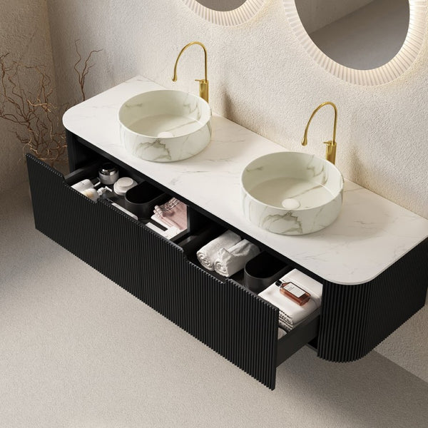 English Elm Dina 60 Inch Floating Bathroom Vanity Sintered Stone Top Dual Glass Basins Wood Grain Black,Carrara White,Stone White W2615S00702