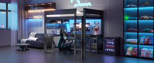 English Elm Wood Full Size Gaming Loft Bed With Integrated Desk, Charging Station & Led Lights - Black Finish N7090004022B-GIGA