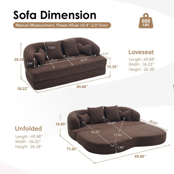 English Elm (old Sku W2231p392100) Chenille Sleeper Sofa Foldable Convertible Loveseat with Four Pillows Brown W2231P466739