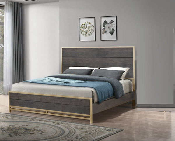 English Elm 1Pc Contemporary King Bed With Striking Headboard, Warm Wood Tones & Metallic Accents For Luxe Style B2741S00382