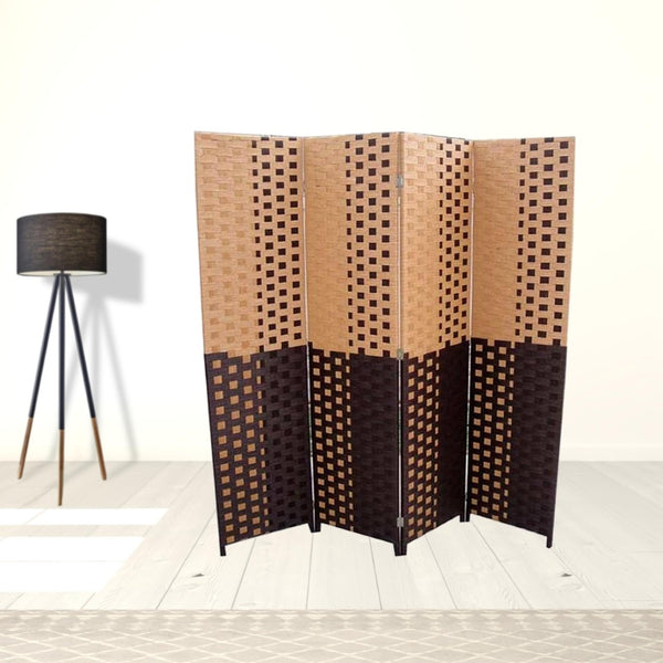 HomeRoots 70.75" Elegant Brown Four-Panel Room Divider - Heavy-Duty Rice Paper Screen for Privacy & Style 469120