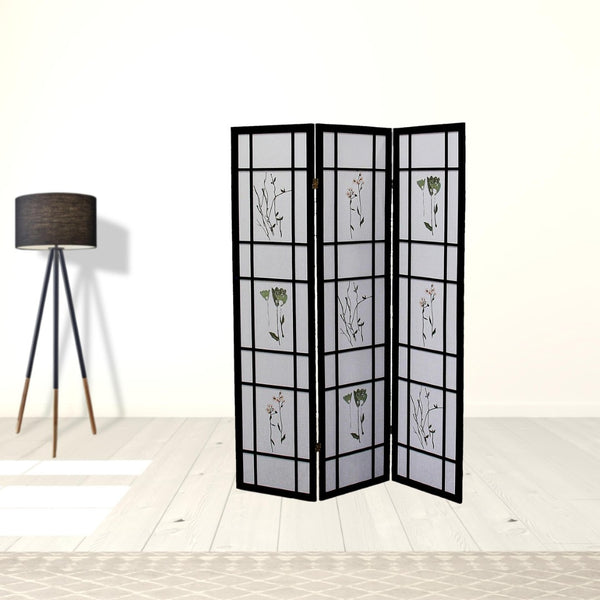 HomeRoots 70" Elegant Black and White Folding Room Divider - Heavy-Duty Rice Paper Panels for Privacy & Style 469133
