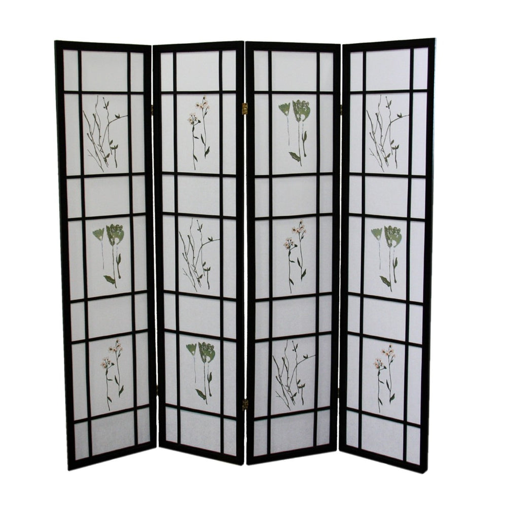 HomeRoots 70" Elegant Black and White Room Divider - Heavy Duty Rice Paper Folding Four Panel Screen Decor 469134