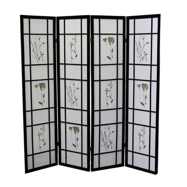 HomeRoots 70" Elegant Black and White Room Divider - Heavy Duty Rice Paper Folding Four Panel Screen Decor 469134