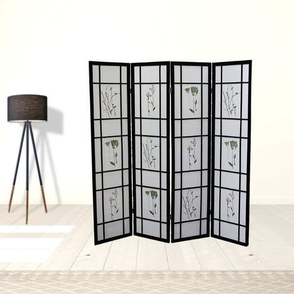 HomeRoots 70" Elegant Black and White Room Divider - Heavy Duty Rice Paper Folding Four Panel Screen Decor 469134