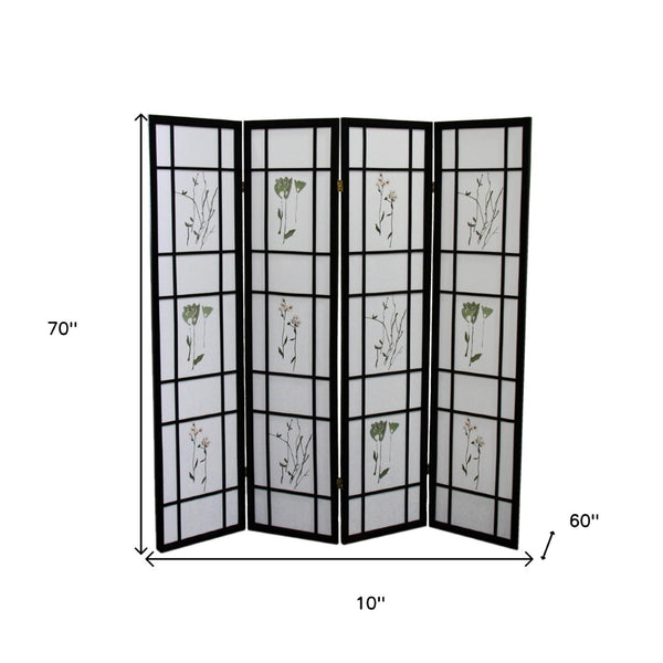 HomeRoots 70" Elegant Black and White Room Divider - Heavy Duty Rice Paper Folding Four Panel Screen Decor 469134