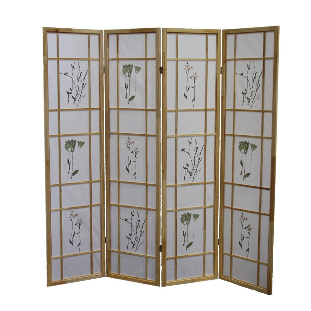 HomeRoots 70" Elegant Four-Panel Folding Screen Divider - Durable Rice Paper & Natural Wood Frame Design 469136