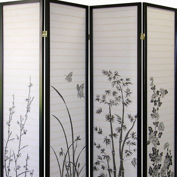 HomeRoots 70" Elegant Black and White Rice Paper Folding Screen - Versatile Room Divider with Classic Style 469142