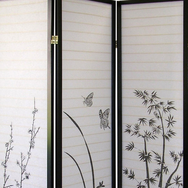 HomeRoots 70" Elegant Black and White Rice Paper Folding Screen - Versatile Room Divider with Classic Style 469142