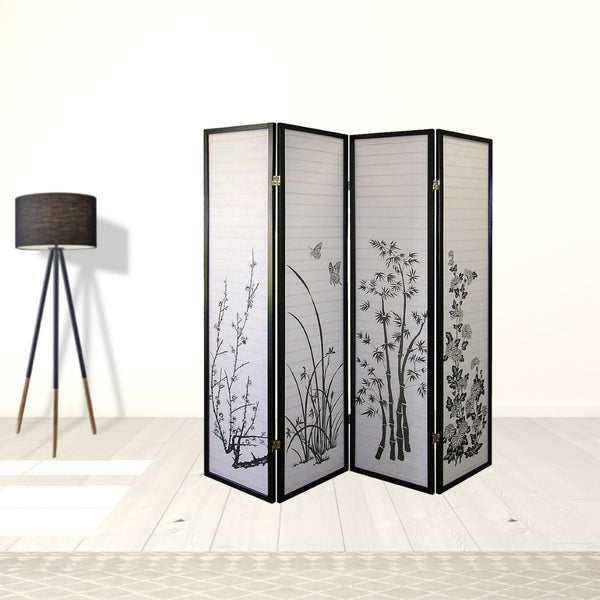 HomeRoots 70" Elegant Black and White Rice Paper Folding Screen - Versatile Room Divider with Classic Style 469142