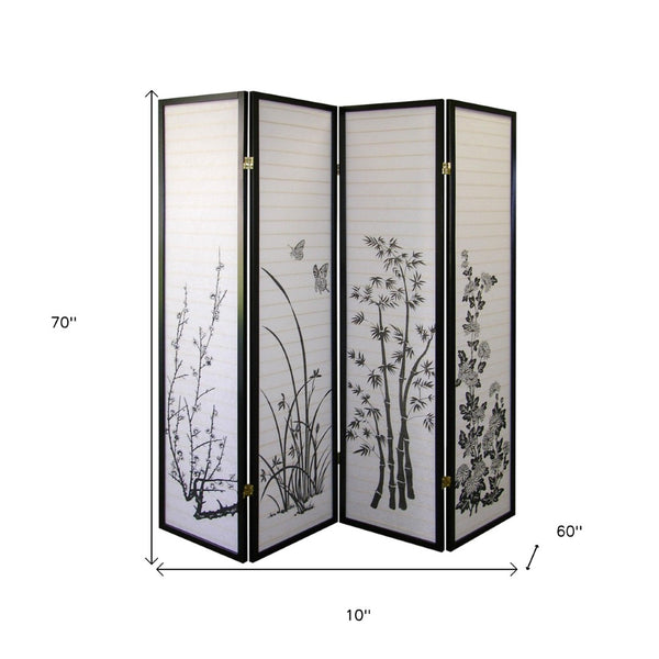 HomeRoots 70" Elegant Black and White Rice Paper Folding Screen - Versatile Room Divider with Classic Style 469142