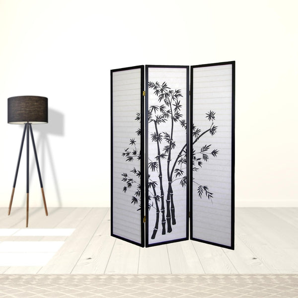 HomeRoots 70" Elegant Black and White Three-Panel Folding Room Divider - Durable Rice Paper Screen for Privacy 469143