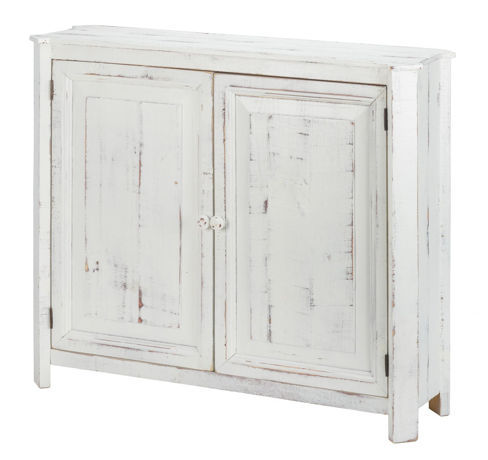 Homeroots Distressed White Wooden Two Door Accent Cabinet  Wood 469151