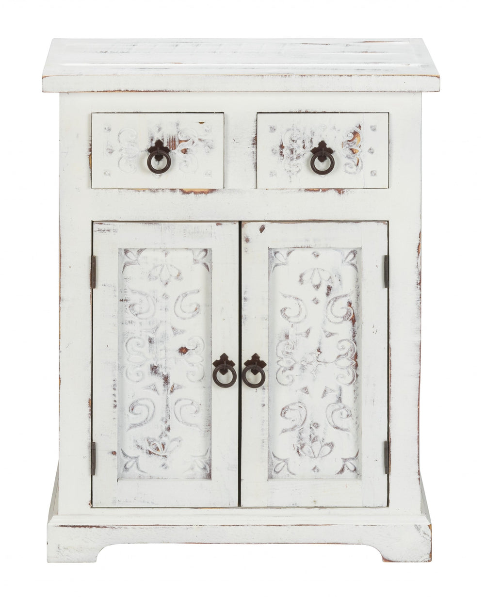 Homeroots Distressed White Wooden Carved 2 Door And 2 Drawer Cabinet  Wood 469153