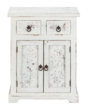 Homeroots Distressed White Wooden Carved 2 Door And 2 Drawer Cabinet  Wood 469153