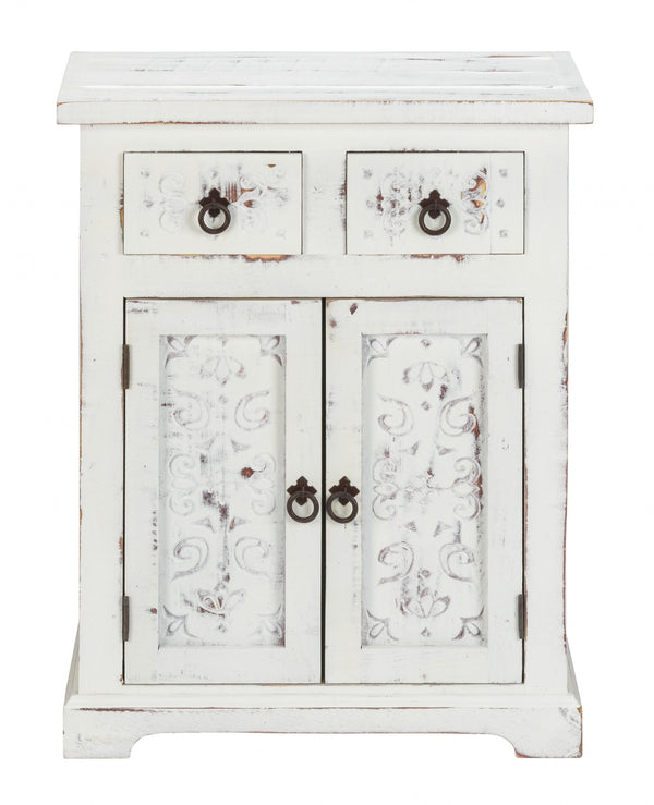 Homeroots Distressed White Wooden Carved 2 Door And 2 Drawer Cabinet  Wood 469153