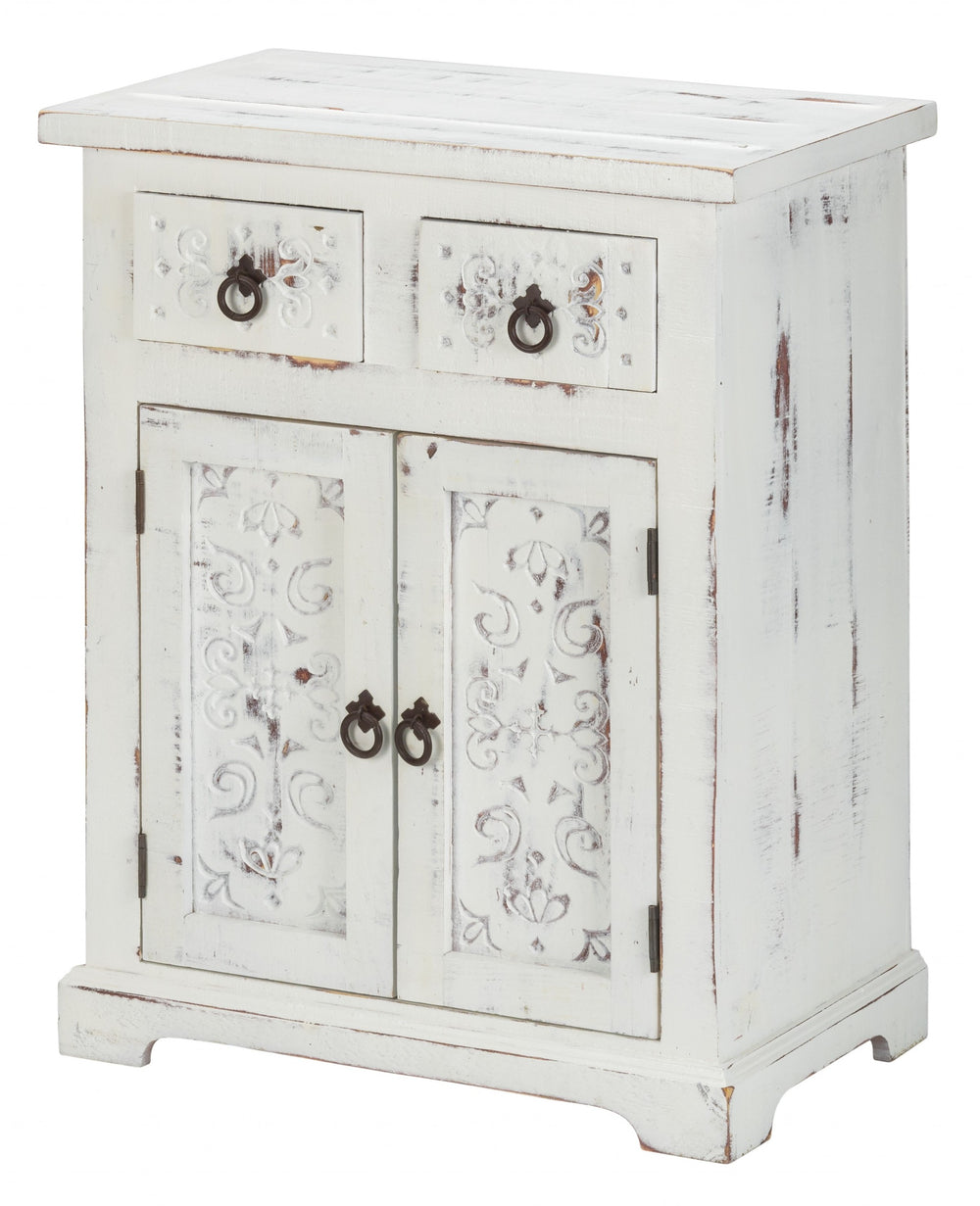 Homeroots Distressed White Wooden Carved 2 Door And 2 Drawer Cabinet  Wood 469153