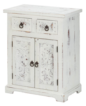 Homeroots Distressed White Wooden Carved 2 Door And 2 Drawer Cabinet  Wood 469153