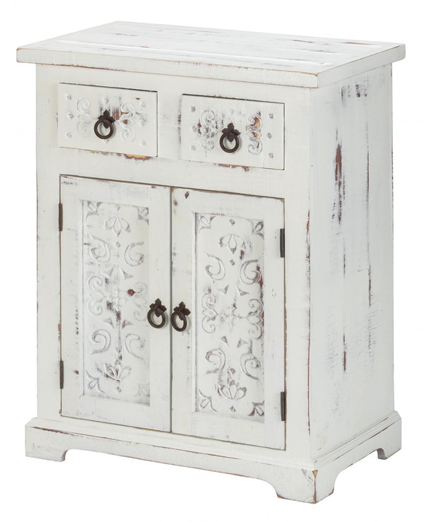 Homeroots Distressed White Wooden Carved 2 Door And 2 Drawer Cabinet  Wood 469153