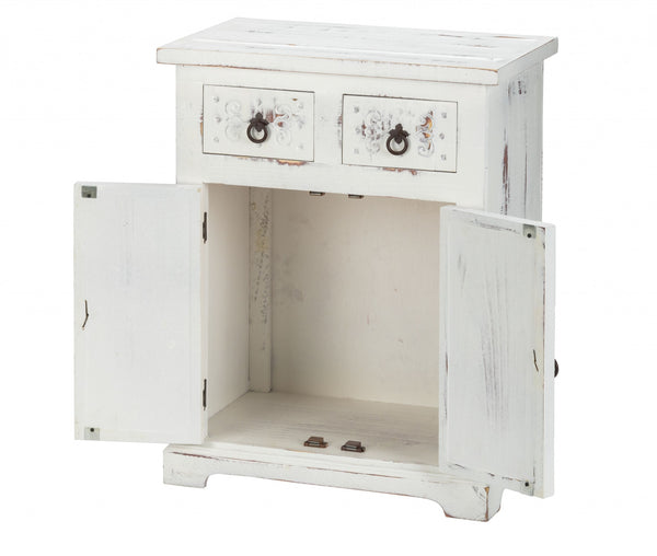 Homeroots Distressed White Wooden Carved 2 Door And 2 Drawer Cabinet  Wood 469153