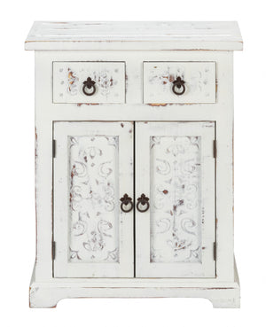 Homeroots Distressed White Wooden Carved 2 Door And 2 Drawer Cabinet  Wood 469153