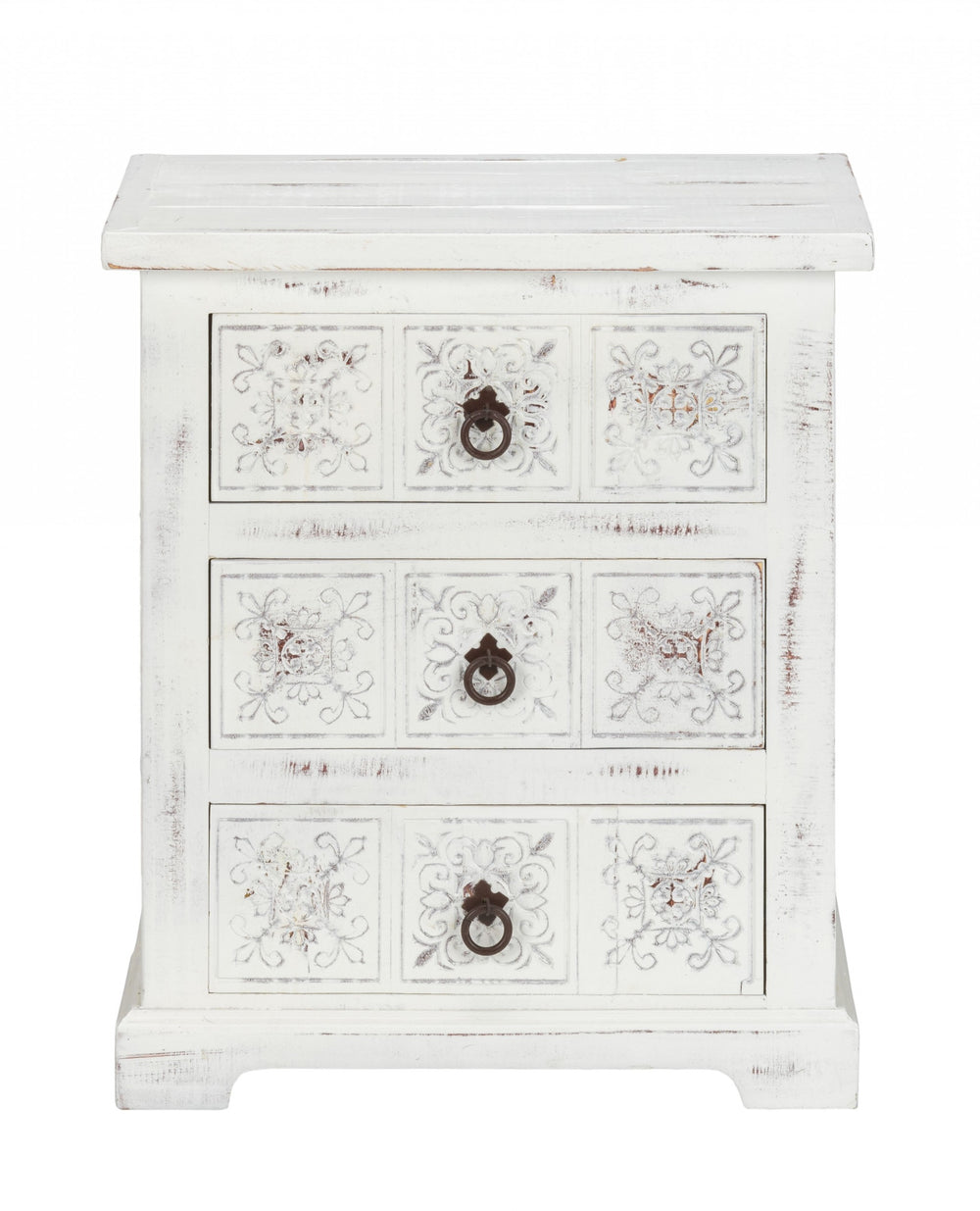 Homeroots Distressed White Wooden Carved 3 Drawer Cabinet  Wood 469154