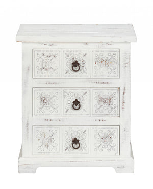 Homeroots Distressed White Wooden Carved 3 Drawer Cabinet  Wood 469154
