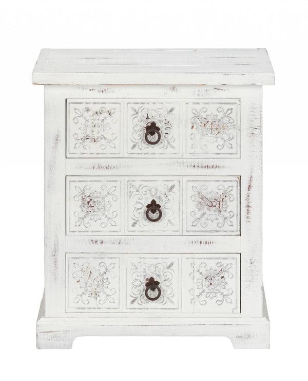 Homeroots Distressed White Wooden Carved 3 Drawer Cabinet  Wood 469154
