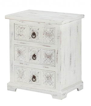 Homeroots Distressed White Wooden Carved 3 Drawer Cabinet  Wood 469154