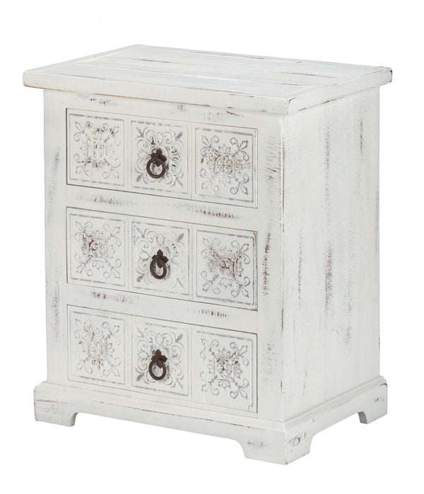 Homeroots Distressed White Wooden Carved 3 Drawer Cabinet  Wood 469154
