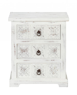 Homeroots Distressed White Wooden Carved 3 Drawer Cabinet  Wood 469154