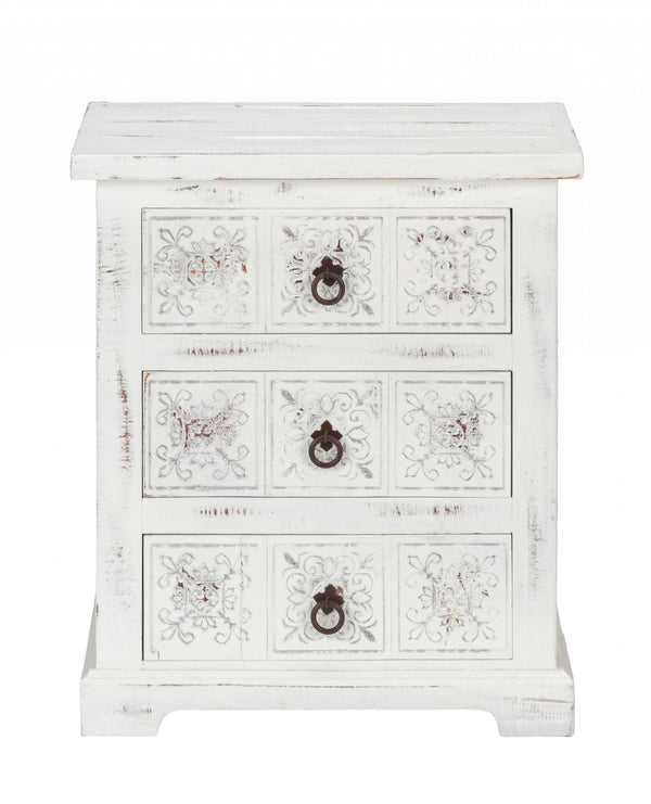 Homeroots Distressed White Wooden Carved 3 Drawer Cabinet  Wood 469154
