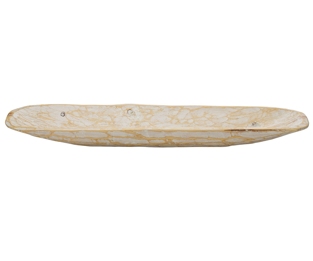 Homeroots Rustic White And Natural Handcarved Wide Oval Centerpiece Bowl   469165