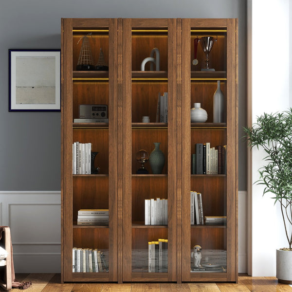 English Elm Display Cabinet Glass Doors Curio with 5 Shelves and LED Lighting, Dustproof Bookcase for Collectibles W331P281123