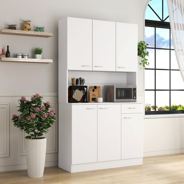 English Elm 70.87" Wardrobe Kitchen Cabinet with 6 Doors, 1 Drawer & Open Shelf — Durable Melamine MDF Storage Solution White W331S00058