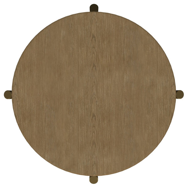 English Elm Benson Round End Table with Woven Rattan Shelf and Aged Brass Legs for Living Room B062P440109