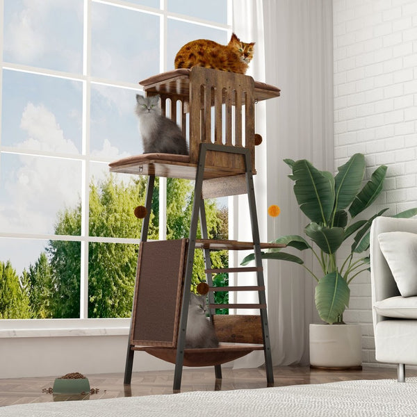 English Elm Modern 58 Inch Cat Tower with Sisal Scratching Mat Hammock and Perch for Large Breeds W2641P460041