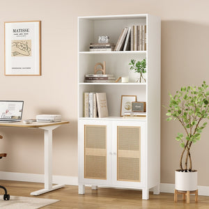 English Elm Tall Rattan Door Bookcase with 5 Shelves — Stylish Tall Storage Shelf for Living Room Office LibraryBedroom White T3623P379893