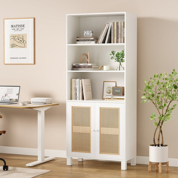English Elm Tall Rattan Door Bookcase with 5 Shelves — Stylish Tall Storage Shelf for Living Room Office LibraryBedroom White T3623P379893