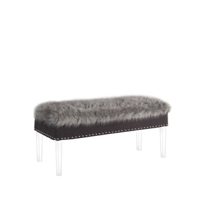 HomeRoots 42" Chic Gray Faux Fur Storage Bench with Clear Acrylic Frame & Flip Top for Modern Interiors 469297