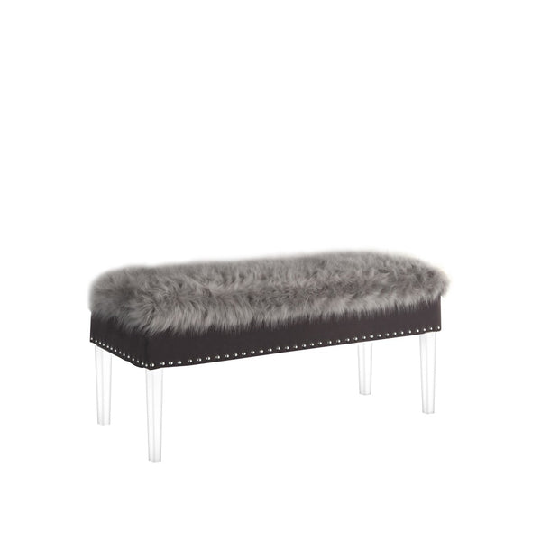 HomeRoots 42" Chic Gray Faux Fur Storage Bench with Clear Acrylic Frame & Flip Top for Modern Interiors 469297
