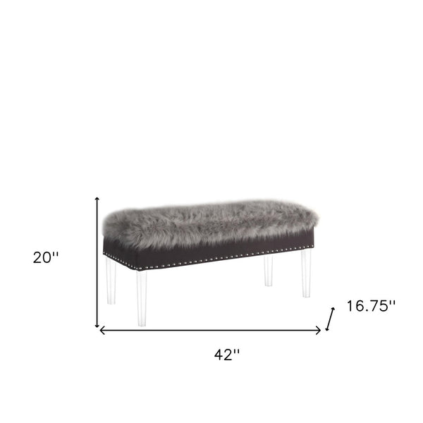 HomeRoots 42" Chic Gray Faux Fur Storage Bench with Clear Acrylic Frame & Flip Top for Modern Interiors 469297