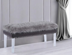 HomeRoots 42" Chic Gray Faux Fur Storage Bench with Clear Acrylic Frame & Flip Top for Modern Interiors 469297