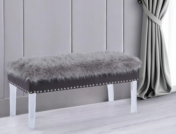 HomeRoots 42" Chic Gray Faux Fur Storage Bench with Clear Acrylic Frame & Flip Top for Modern Interiors 469297