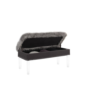 HomeRoots 42" Chic Gray Faux Fur Storage Bench with Clear Acrylic Frame & Flip Top for Modern Interiors 469297