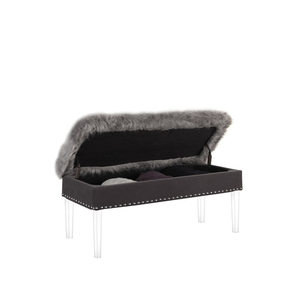HomeRoots 42" Chic Gray Faux Fur Storage Bench with Clear Acrylic Frame & Flip Top for Modern Interiors 469297