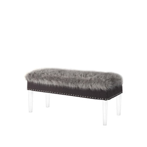 HomeRoots 42" Chic Gray Faux Fur Storage Bench with Clear Acrylic Frame & Flip Top for Modern Interiors 469297