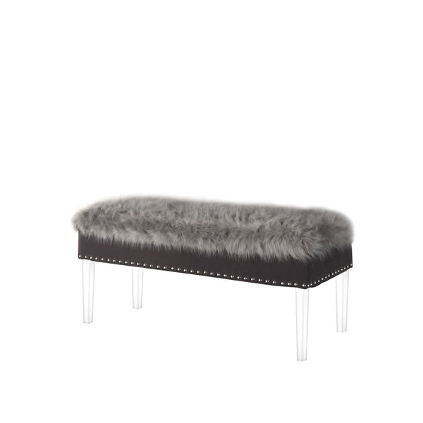 HomeRoots 42" Chic Gray Faux Fur Storage Bench with Clear Acrylic Frame & Flip Top for Modern Interiors 469297