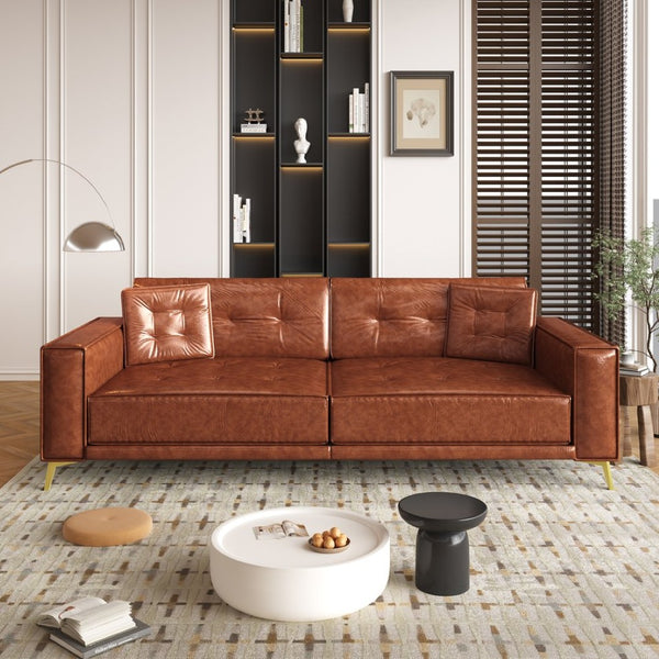 English Elm 92.1"king Faux Leather Convertible Sleeper Sofa Tufted 4 Seat Pull Out Living Room Couch Light Brown W1885S00408