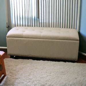 Homeroots 17" Beige And Black Upholstered Microfiber Bench With Flip Top  Manufactured Wood 469318